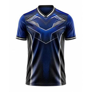 Maillot de football pour homme à motif géométrique bleu, manches courtes, col en V, polyester respirant, coupe athlétique, toutes saisons - Product Image 1
