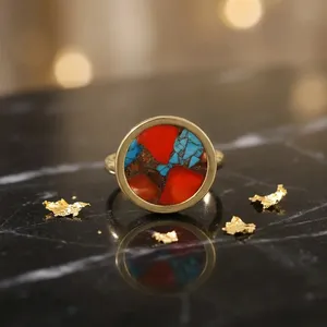 Fashion Jewelry 18k <b>Gold</b> Plated Brass Anti-Tarnish Orange Blue Copper <b>Turquoise</b> Adjustable Cocktail <b>Rings</b> Italian Style Women - Product Image 3