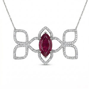 Collar con Colgante de Flor con Rubí en el Centro, Diamantes Engastados, Chapado en Rodio, Acero Inoxidable, Estilo Clásico para Mujer - Product Image 2