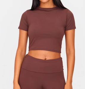 Camiseta Corta de Mujer en Colores Personalizados, Cuello Redondo, Manga Corta, Color Sólido, Tejido de Punto, Casual, Ajustada, para Todas las Temporadas - Product Image 1