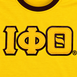 Iota-Phi-Theta Mens Yellow T Shirt Brown Trim Crew Neck Short Sleeve Greek Letter Embroidered Tee Casual Fraternity Apparel Top - Product Image 6