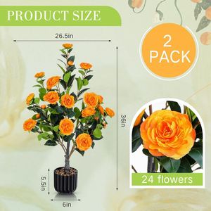 Paquete de 2 Árboles de Camelia Artificial Naranja de 36 Pulgadas, Planta Artificial en Maceta para Interiores y Exteriores, Flores Naranjas, Planta de Camelia Artificial en Maceta - Product Image 4