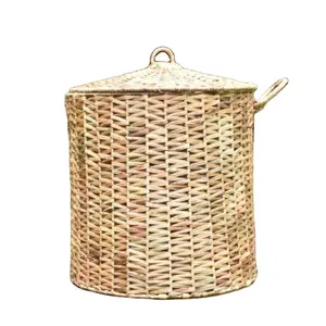 Cylindrical Rattan Basket with Handle Sea Grass Clothing Basket Handmade Elegant Home Kitchen Storage Carrying Seagrass Basket