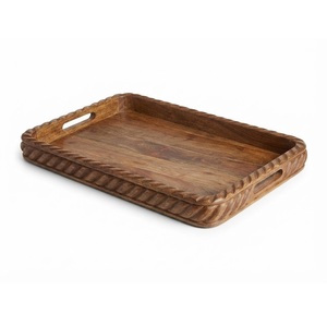 Plateau de service moderne en bois avec poignées découpées, plateau ottoman en bois massif, plateau alimentaire vintage écologique en gros - Product Image 1