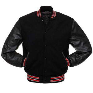 Mens Varsity Jacket <b>Wool</b> Body Leather Sleeves Baseball Bomber Style Letterman Outerwear Black <b>Red</b> - Product Image 1
