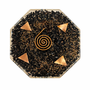 Plaque octogonale en tourmaline noire naturelle polie de 4 pouces, sous-verre en orgonite, spirale en cuivre, pour la guérison énergétique et la décoration - Vente en gros - Product Image 1