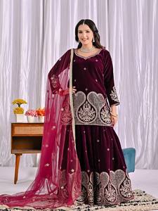 Velvet Embroidered Women Salwar Kameez Set with <b>Net</b> Dupatta Sleeveless <b>Top</b> Quick Dry Traditional Indian Outfit for Wedding Party - Product Image 2