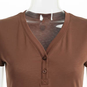 Chemise décontractée à manches courtes pour femme, col rond, style Henley, boutonnée, nouvelle mode, vente en gros - Product Image 4