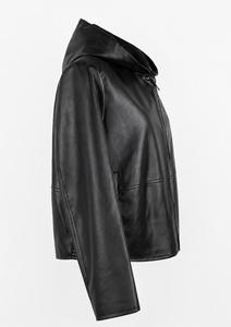 <b>Men's</b> Black PU Leather Hooded Bomber Jacket Waterproof Zipper Closure Front Logo Color Blocking Casual Short Sleeve Winter Wear - Product Image 3