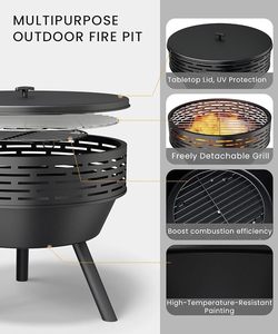 Modern Steel <b>Fire</b> <b>Pit</b> with Cooking Grate and Spark Screen <b>Portable</b> Outdoor BBQ Freestanding Wood Burning Design - Product Image 4