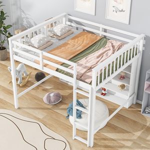 Letto a soppalco bianco a grandezza naturale con 8 ripiani aperti e scaletta integrata per bambini - Product Image 2