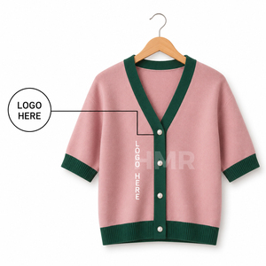 HMR Women Sorority Sisterhood OEM ODM Women's Knitted V-Neck <b>Cardigan</b> <b>Short</b> <b>Sleeve</b> Contrast Color Casual Button Closure - Product Image 5