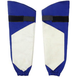Mangas Protectoras de Cuero de Alta Calidad, Resistentes al Fuego y a los Cortes, para Soldadura, Color Azul, con Panel Blanco y Correa Negra - Product Image 1