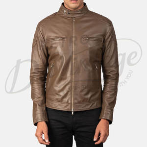 Veste en cuir véritable marron classique pour homme, style motard, coupe ajustée, épaules matelassées, col montant élégant, manteau d'hiver décontracté - Product Image 2