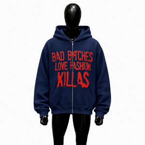 <b>Navy</b> Blue Oversized Zip Up Hoodie Red Graphic Print Unisex Streetwear Fashion Full Zipper Hooded Sweatshirt For <b>Men</b> And Women - Product Image 1