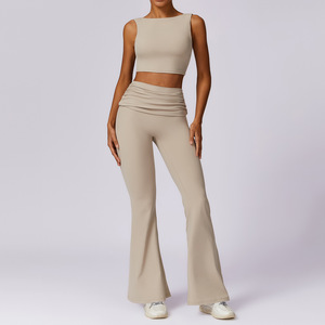 Lavender Solid Two Piece Yoga Set High Waist <b>Flared</b> <b>Leggings</b> Seamless Crop Top Square Neck Sleeveless Eco-Friendly Breathable - Product Image 2