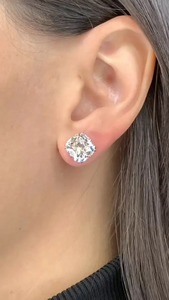 925 Moissanite Glittering Crushed Ice Cushion Cut Stud <b>Earrings</b> For Women in White Yellow & Rose Gold Plated for Wholesale - Product Image 2