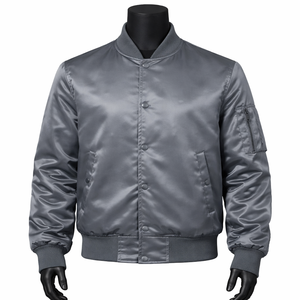 Blouson bomber gris pour homme, couleur unie, col montant, doublure en polyester satiné, vêtement décontracté pour l'automne, coupe classique, fermetures éclair décoratives - Product Image 1