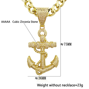 Collier Pendentif Hip Hop Ancres Bling Glacées CZ, Breloque Marin Nautique, Chaîne Maille Cubaine Or Argent, Bijoux Rapper Homme Femme - Product Image 4