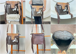 2025 Trendy Brand New Designer Cowhide Sling Bag with Hand Tooled Leather Fringe Rustic Crossbody Handbag Purse for Women's - Product Image 3