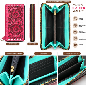 Cartera de mujer de cuero genuino de 19 cm, cartera larga floral hecha a mano con cremallera, bolsillo para monedas y ranuras para tarjetas - Product Image 5