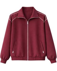 Ensemble de survêtement pour femme bordeaux personnalisé, veste zippée et pantalon de jogging, tenue de sport décontractée deux pièces avec bordure contrastante blanche - Product Image 1