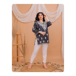 Laxmi Lifestyle Women Bandhni Chikan Work Foil Print Short <b>Top</b> Kurti <b>Indian</b> Traditional Wear Premium Rayon Regular Fit Ethnic - Product Image 1