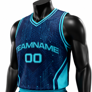 Custom Sublimated Breathable Basketball Jersey <b>Set</b> Unisex V-Neck Sleeveless Team Uniform Blue Mesh Moisture Wicking Athletic Fit - Product Image 2