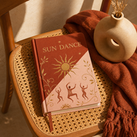 Journal personnalisé LABON Sun Dance, couverture rigide diagonale en terre cuite pêche, feuille d'or, rayons de soleil, figures dansantes, ruban gravé