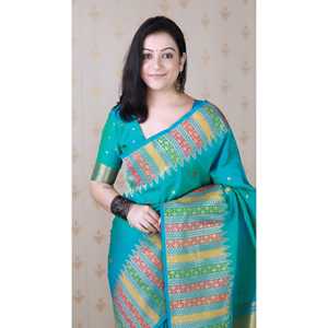 Sari en soie douce bleu aqua Meenakari Zari tissé avec bordure de temple, chemisiers et chemises pour femmes - Product Image 5