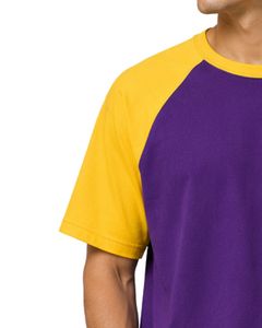 T-shirt Raglan Homme Manches Courtes Col Rond Coton Violet et Jaune Personnalisé Décontracté Streetwear Color Block - Product Image 3