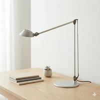 Lámpara de Escritorio LED Minimalista de Doble Brazo con Atenuador Táctil y Anillo de Luz para Oficina - Diseño en Aleación de Aluminio Gris