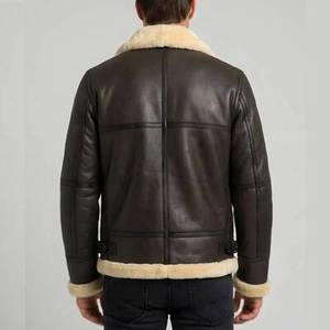 Men's Brown Canvas <b>Leather</b> Waterproof Windproof Slim Fit Zip Front Motorcycle Style Biker Coat Criss-cross Decoration Sheep Fur - Product Image 4