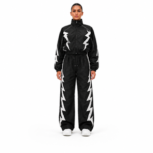 Survêtement unisexe noir et blanc à motif géométrique, fermeture éclair intégrale, col montant, coupe classique, streetwear, vêtements de sport printemps, 100 % nylon, sublimation - Product Image 1