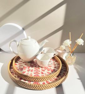 Wholesale Mother of Pearl Inlay Round Bohemian Eco-Friendly 26cm Handmade Rattan Serving Tray with <b>Handles</b> Kitchen Table Display - Product Image 5