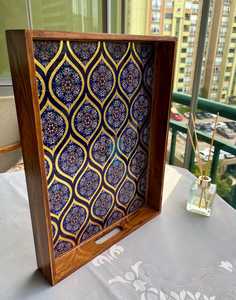 Rectangle Wood Serving Tray Blue Gold Inlay Handpainted Moroccan Pattern Handmade <b>Decorative</b> <b>Plate</b> - Product Image 3