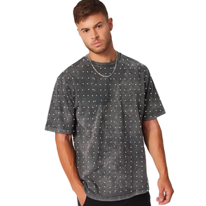 Camiseta de Hombre, Moderna, de Alta Calidad, Transpirable, Informal, Lisa, de Manga Corta, Holgada, 100% Algodón, con Pedrería, Lavada al Ácido - Product Image 1