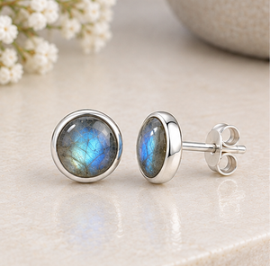 Labradorite <b>Silver</b> <b>Stud</b> <b>Earrings</b>, Natural Labradorite Gemstone <b>Earrings</b>, 925 <b>Sterling</b> <b>Silver</b> Round <b>Studs</b>, - Product Image 1