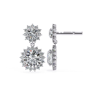 5.00mm Round Moissanite Double Halo <b>Drop</b> Earrings with 3.00mm Top Stone & 1.10mm 28 Side Stones Moissanite Earrings 14K Gold - Product Image 4