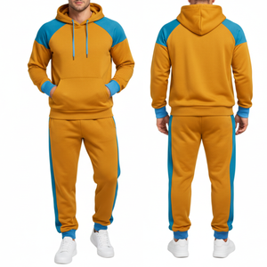 Conjunto Deportivo Raglán para Hombre en Amarillo Mostaza y Azul Cielo con Puños en Contraste – Sudadera con Capucha y Pantalón de Dos Piezas con Logotipo Personalizado - Product Image 3