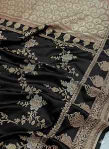 Saree de Seda Suave Banarasi Mashru Katan de Lujo, Tejido a Mano, con Bordado Meenakari, Elegante Diseño Floral, Borde Tejido Tradicional, Protección Solar - Product Image 3
