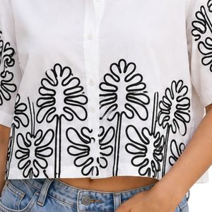 <b>White</b> Women Cropped Button Shirt Black Floral Embroidery Short Sleeve Casual Summer Blouse Cotton Fashion Designer Top Custom - Product Image 6