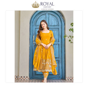 Breed verkochte Indiase kleding, rechtstreeks van de fabriek, premium zware, knapperige zijde met borduurwerk en pailletten, Anarkali pak. - Product Image 4