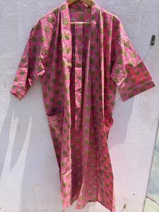 Bata Kimono Rosa de Algodón para Mujer, Albornoz Floral Hecho a Mano con Estampado de Bloques, Ropa de Dormir, Regalo - Product Image 3