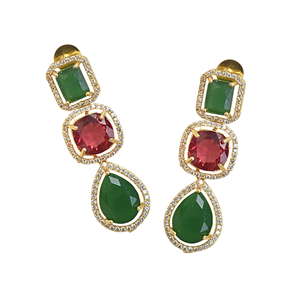 Pendientes colgantes chapados en oro con piedras de circonita verdes y rojas, diseño geométrico para mujer, joyería de fiesta - Product Image 3