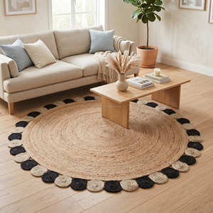 Natural <b>Round</b> Braided Jute Rug with Terracotta Accent Rings for Farmhouse Interior Styling - Product Image 6