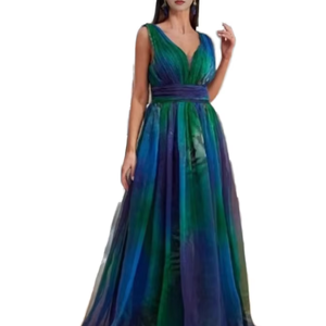 Robe longue élégante pour femme, dégradé bleu-vert, sans manches, col en V profond, plissée, en tulle, tie-dye, coupe trapèze fluide, pour soirée formelle - Product Image 3
