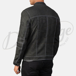 Blouson de motard en cuir noir premium pour homme, en véritable peau de mouton, coupe ajustée, surpiqûres contrastées, col montant, style motard - Product Image 2