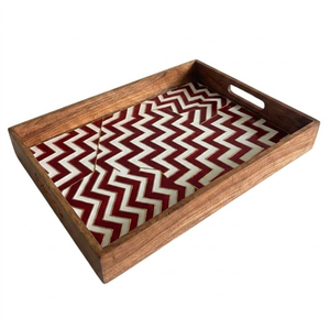 Handmade <b>Round</b> Wood Serving <b>Tray</b> with Yellow Chevron Zigzag Pattern Decorative Coffee <b>Table</b> <b>Tray</b> & Organizer for Home Decor - Product Image 3