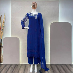 Conjunto de Kurta/Kuri con Bordado de Diseño Moderno y Dupatta, Hermoso Vestido Tradicional para Fiestas, Elegante Color Azul Flor - Product Image 1